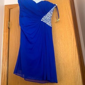 XScape blue strapless dress